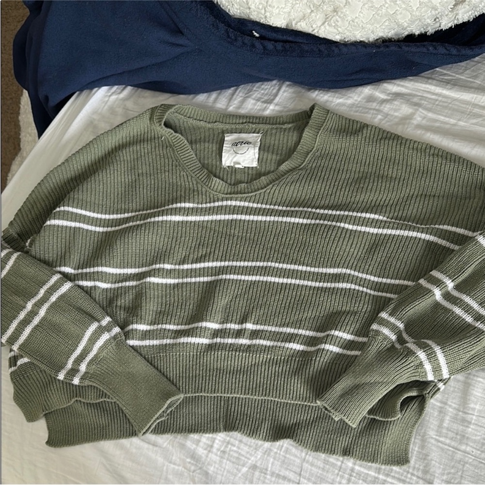 Aerie Sage Green Striped Crewneck Sweater